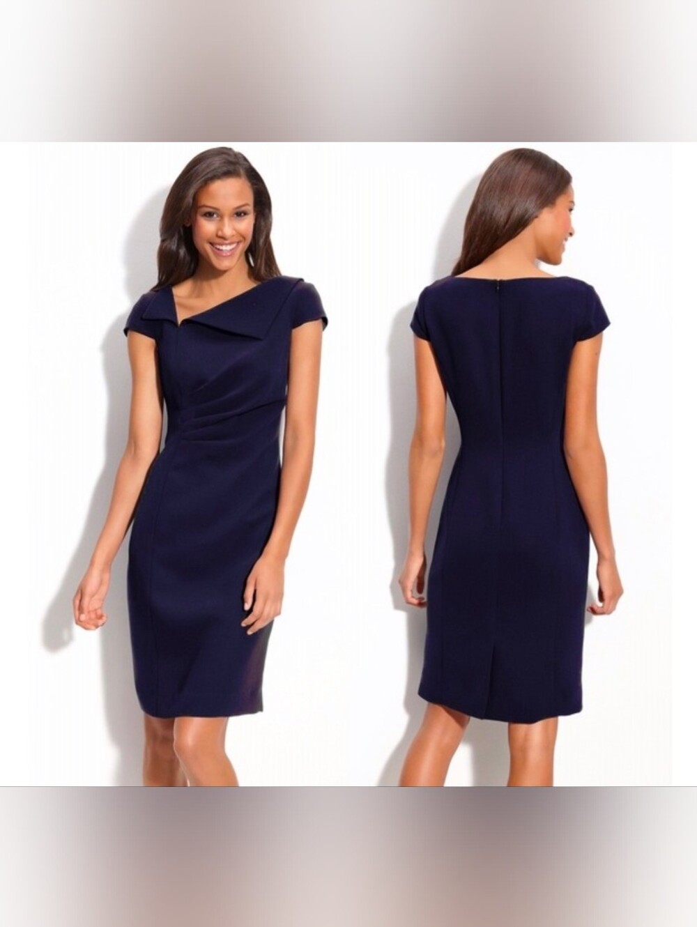 Tahari Black Asymmetrical Neck Pleated Dress With Shirring Details Women Size 10